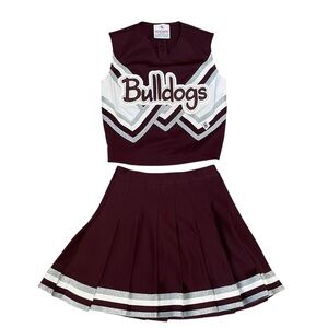 Vintage/Retro 2-Piece Maroon/White/Silver Bulldogs Cheer Uniform (Shell & Skirt)